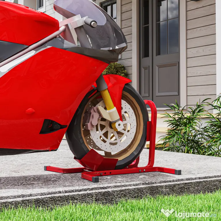 HOMCOM Suport pentru Motocicletă Reglabil pe 3 Nivele, Sistem de Blocare Roți Motocicletă în Metal cu Găuri, 60x55x43 cm, Negru