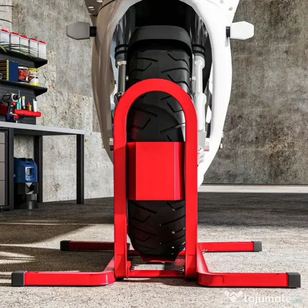 HOMCOM Suport pentru Motocicletă Reglabil pe 3 Nivele, Sistem de Blocare Roți Motocicletă în Metal cu Găuri, 60x55x43 cm, Negru