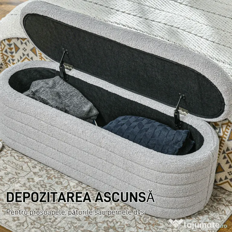 HOMCOM Banchetă Tapiţată cu Spaţiu de Depozitare și Picioare din Lemn de Eucalipt, 116x41x40.5 cm, Gri Deschis