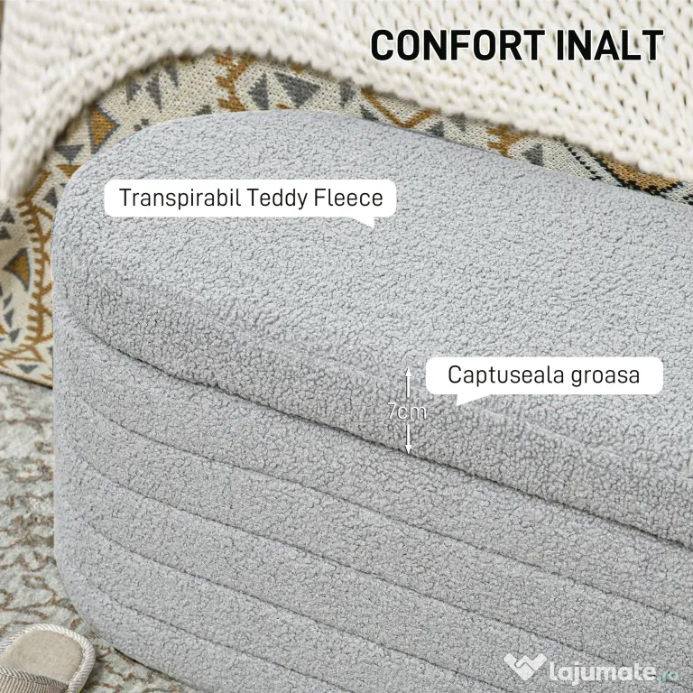 HOMCOM Banchetă Tapiţată cu Spaţiu de Depozitare și Picioare din Lemn de Eucalipt, 116x41x40.5 cm, Gri Deschis