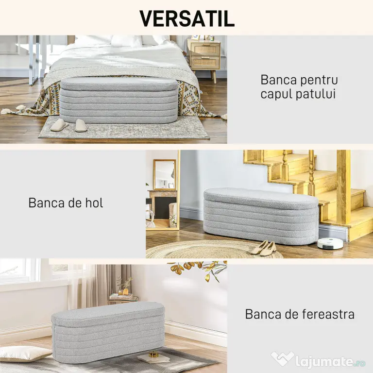 HOMCOM Banchetă Tapiţată cu Spaţiu de Depozitare și Picioare din Lemn de Eucalipt, 116x41x40.5 cm, Gri Deschis