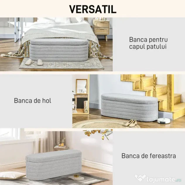 HOMCOM Banchetă Tapiţată cu Spaţiu de Depozitare și Picioare din Lemn de Eucalipt, 116x41x40.5 cm, Gri Deschis