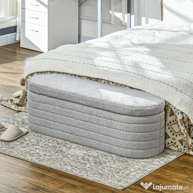 HOMCOM Banchetă Tapiţată cu Spaţiu de Depozitare și Picioare din Lemn de Eucalipt, 116x41x40.5 cm, Gri Deschis