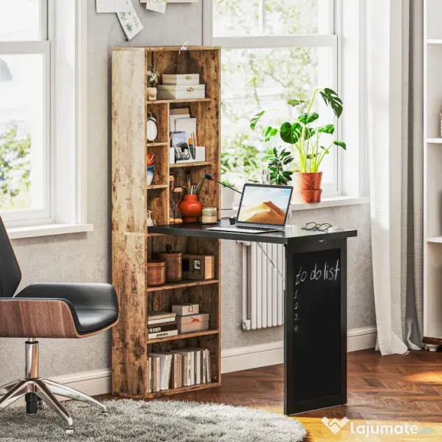 HOMCOM Birou Modern Pliabil cu Bibliotecă și Tablă, din Lemn și Metal, 98x51x153 cm, Maro Rustic
