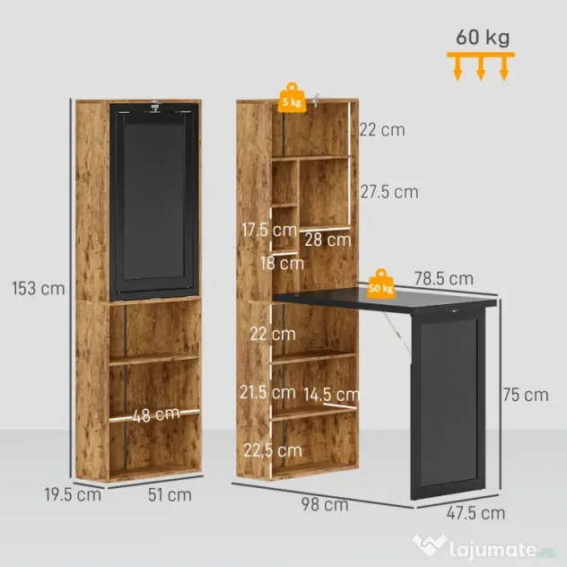 HOMCOM Birou Modern Pliabil cu Bibliotecă și Tablă, din Lemn și Metal, 98x51x153 cm, Maro Rustic