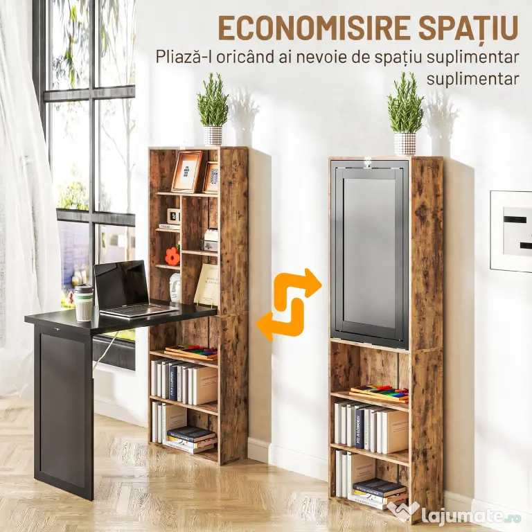 HOMCOM Birou Modern Pliabil cu Bibliotecă și Tablă, din Lemn și Metal, 98x51x153 cm, Maro Rustic