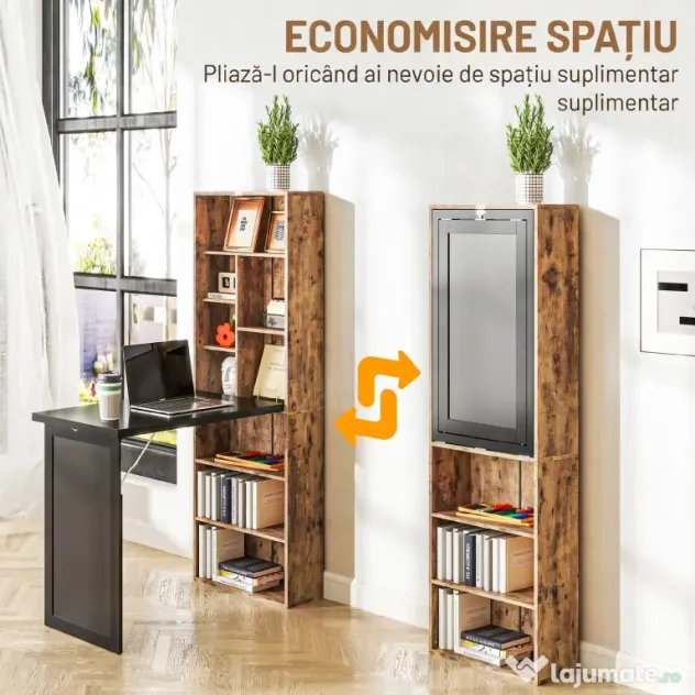 HOMCOM Birou Modern Pliabil cu Bibliotecă și Tablă, din Lemn și Metal, 98x51x153 cm, Maro Rustic