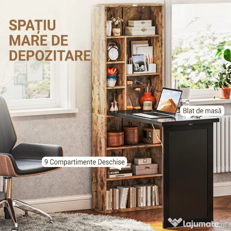 HOMCOM Birou Modern Pliabil cu Bibliotecă și Tablă, din Lemn și Metal, 98x51x153 cm, Maro Rustic
