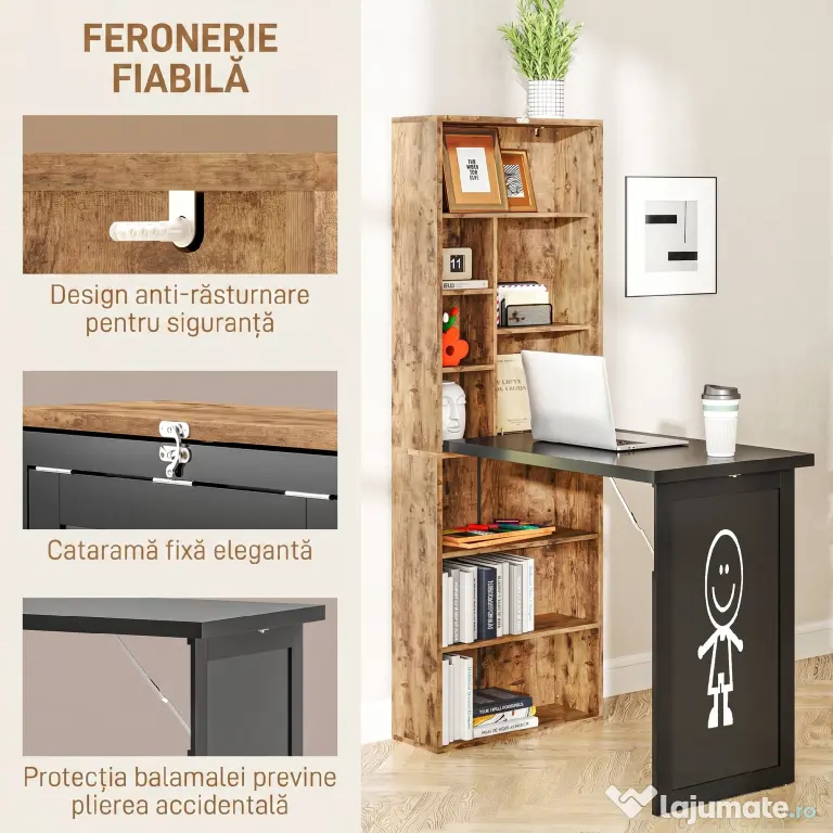 HOMCOM Birou Modern Pliabil cu Bibliotecă și Tablă, din Lemn și Metal, 98x51x153 cm, Maro Rustic