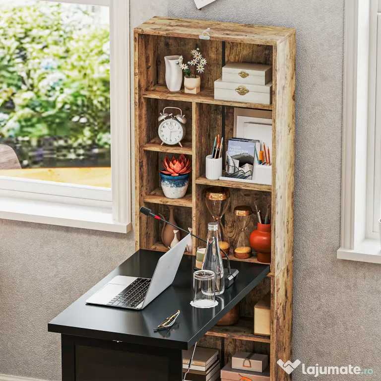 HOMCOM Birou Modern Pliabil cu Bibliotecă și Tablă, din Lemn și Metal, 98x51x153 cm, Maro Rustic