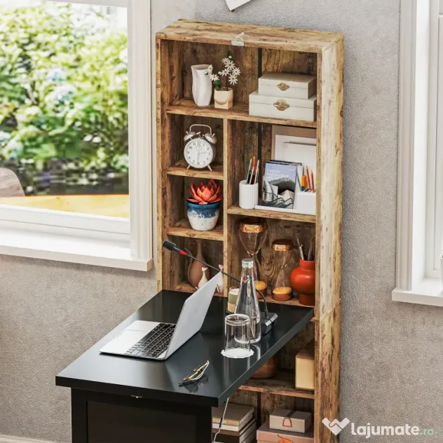 HOMCOM Birou Modern Pliabil cu Bibliotecă și Tablă, din Lemn și Metal, 98x51x153 cm, Maro Rustic