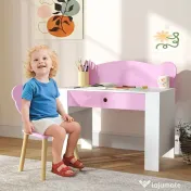 AIYAPLAY Set Birou cu Sertar și Scaun pentru Copii cu Ursuleț 3-8 Ani Roz 