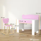 AIYAPLAY Set Birou cu Sertar și Scaun pentru Copii cu Ursuleț 3-8 Ani Roz 