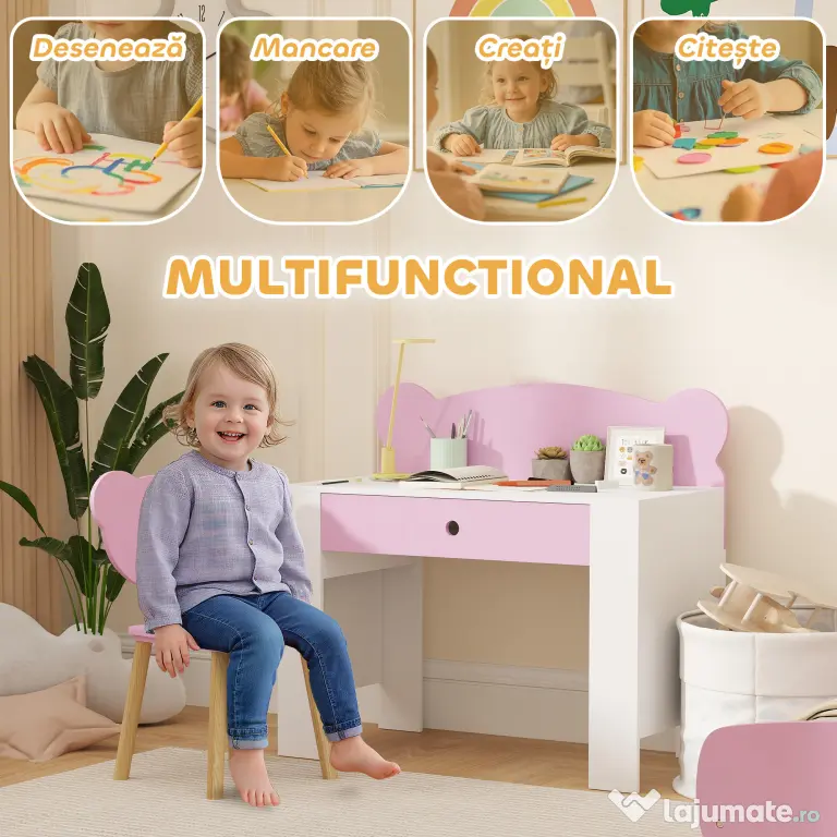 AIYAPLAY Set Birou cu Sertar și Scaun pentru Copii cu Ursuleț 3-8 Ani Roz