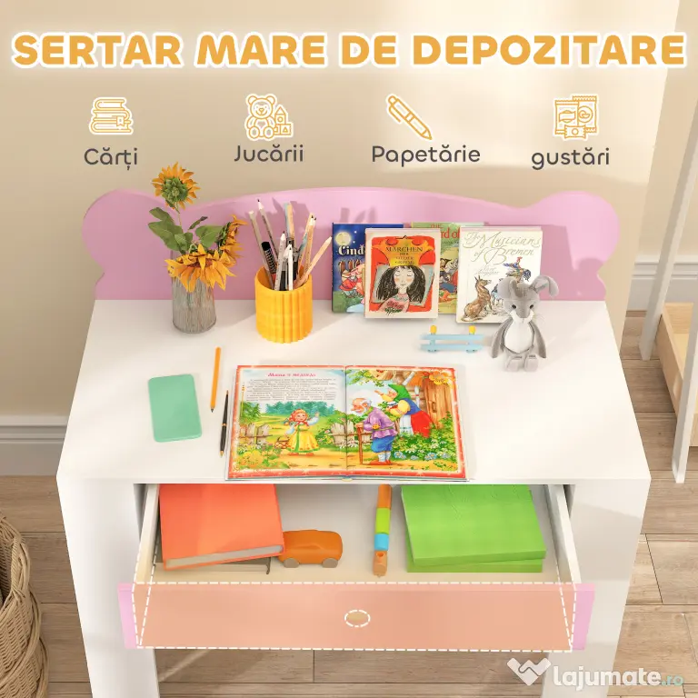 AIYAPLAY Set Birou cu Sertar și Scaun pentru Copii cu Ursuleț 3-8 Ani Roz