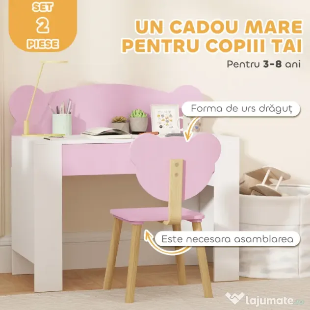 AIYAPLAY Set Birou cu Sertar și Scaun pentru Copii cu Ursuleț 3-8 Ani Roz