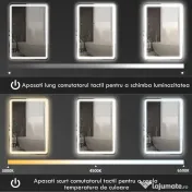 HOMCOM Oglindă de Baie Touch 70x100 cm cu LED 3 Tonuri de Lumină și Antiaburire 