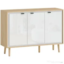 HOMCOM Bufet Modern cu 3 Uși și Raft Reglabil, 107x35x77 cm, Alb Lucios și Stejar