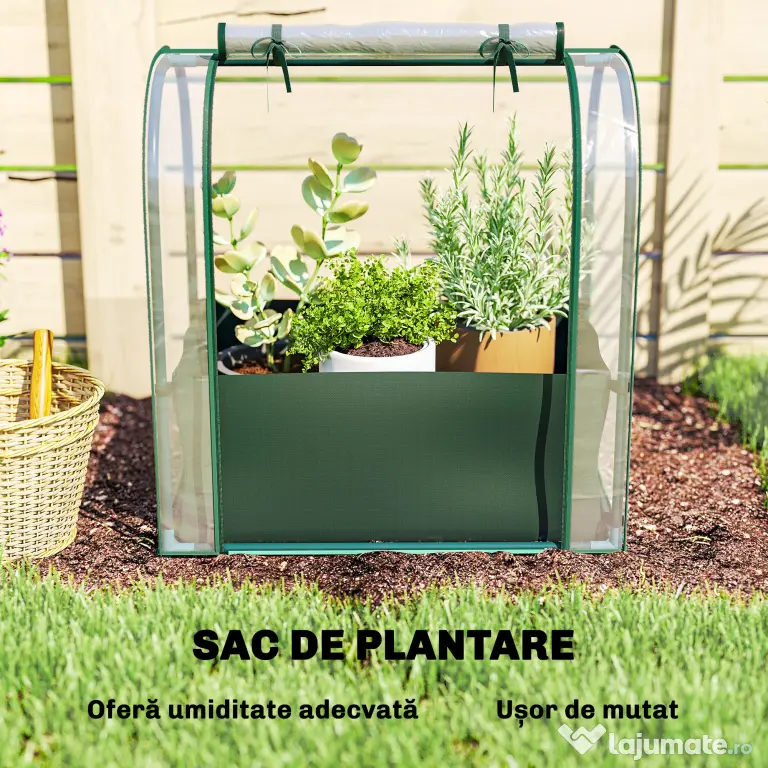 Outsunny Mini Sera de Grădină cu Sac de Plantare, Sera pentru Grădină cu Ușă Rulantă, Structură din Oțel, Acoperire din Plastic, pentru Legume, Flori, Plante, Verde Închis