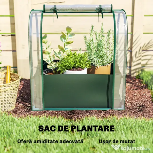 Outsunny Mini Sera de Grădină cu Sac de Plantare, Sera pentru Grădină cu Ușă Rulantă, Structură din Oțel, Acoperire din Plastic, pentru Legume, Flori, Plante, Verde Închis