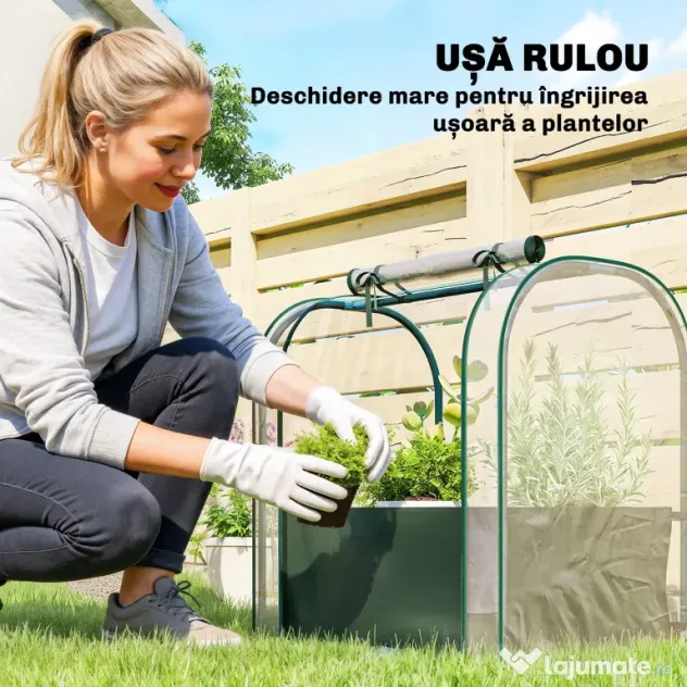 Outsunny Mini Sera de Grădină cu Sac de Plantare, Sera pentru Grădină cu Ușă Rulantă, Structură din Oțel, Acoperire din Plastic, pentru Legume, Flori, Plante, Verde Închis