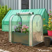 Outsunny Mini Sera de Grădină cu Sac de Plantare, Sera pentru Grădină cu Ușă Rulantă, Structură din Oțel, Acoperire din Plastic, pentru Legume, Flori, Plante, Verde Închis