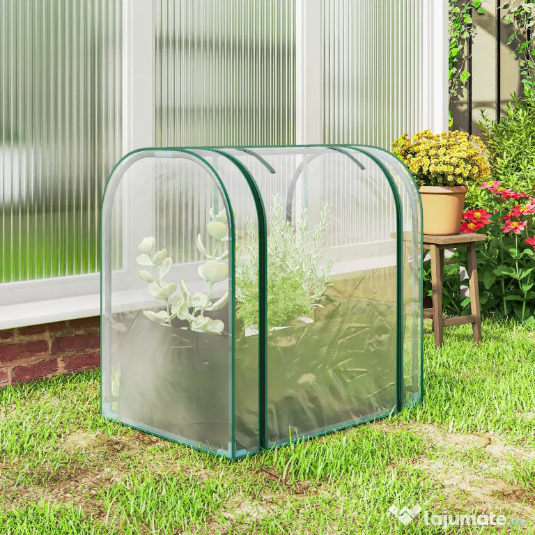 Outsunny Mini Sera de Grădină cu Sac de Plantare, Sera pentru Grădină cu Ușă Rulantă, Structură din Oțel, Acoperire din Plastic, pentru Legume, Flori, Plante, Verde Închis
