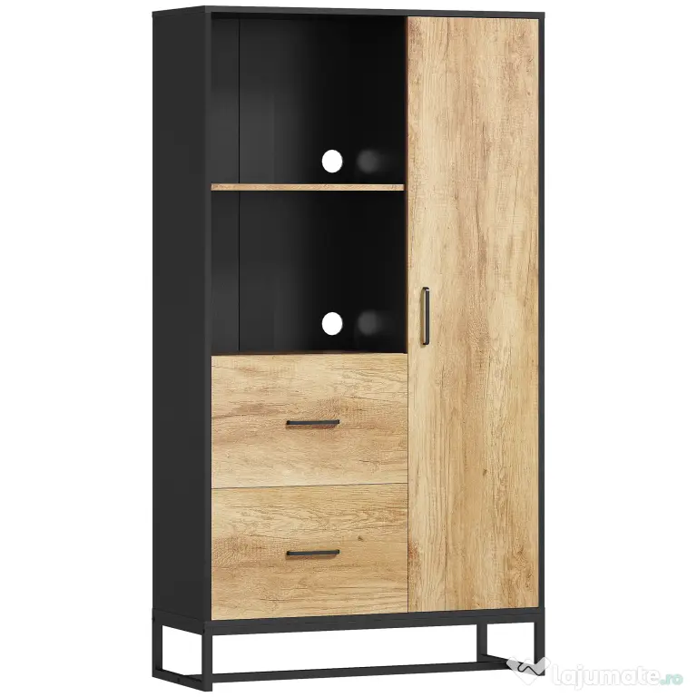 HOMCOM Bufet Modern de Bucătărie cu 2 Sertare, 2 Rafturi și un Dulap, 88x35x160 cm, Lemn și Negru