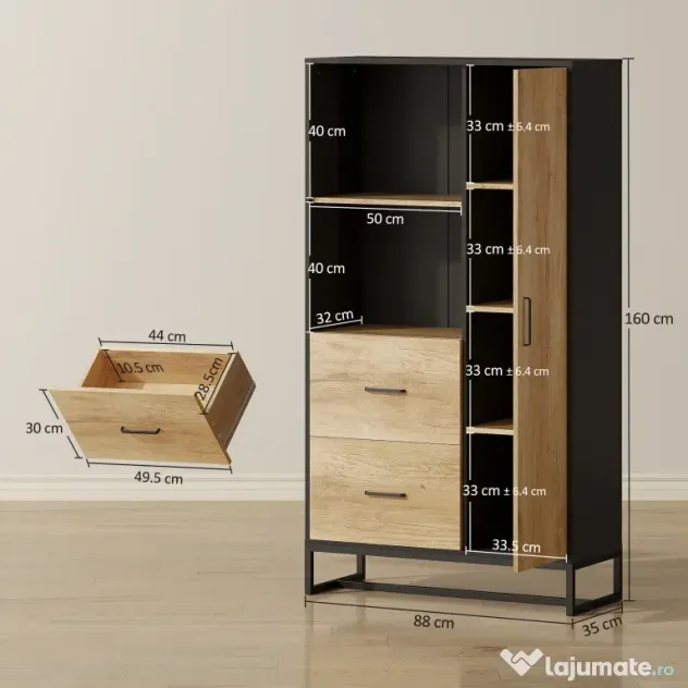 HOMCOM Bufet Modern de Bucătărie cu 2 Sertare, 2 Rafturi și un Dulap, 88x35x160 cm, Lemn și Negru