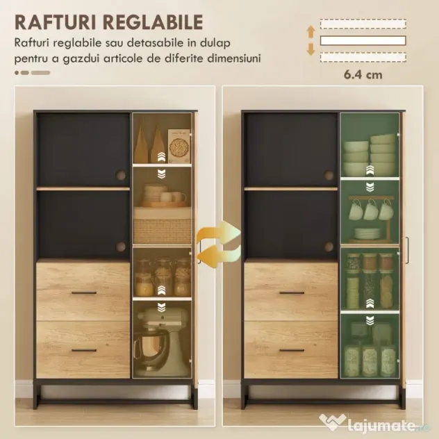 HOMCOM Bufet Modern de Bucătărie cu 2 Sertare, 2 Rafturi și un Dulap, 88x35x160 cm, Lemn și Negru