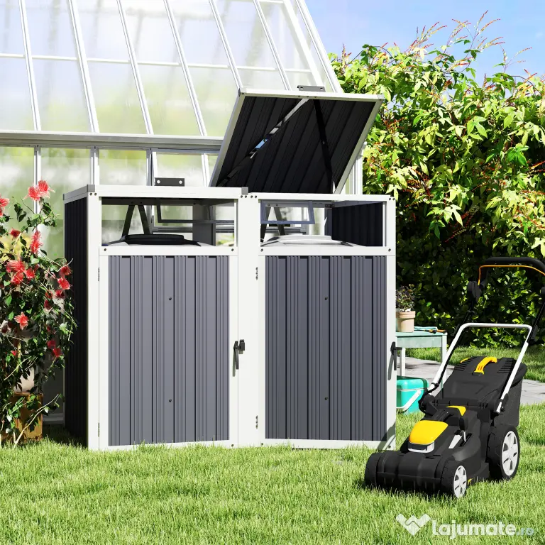 Outsunny Acoperitor pentru Tomberoane de Exterior cu 2 Compartimente, Capac Rabatabil 180°, din Oțel Galvanizat, pentru Grădină sau Patio, 146x81x122 cm, Gri Închis