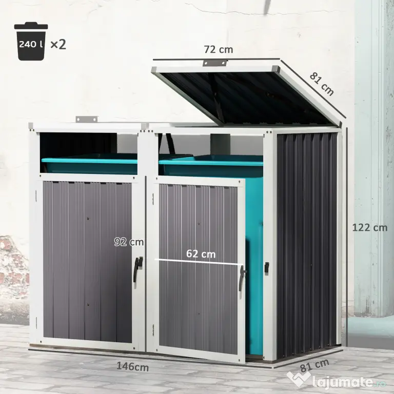 Outsunny Acoperitor pentru Tomberoane de Exterior cu 2 Compartimente, Capac Rabatabil 180°, din Oțel Galvanizat, pentru Grădină sau Patio, 146x81x122 cm, Gri Închis
