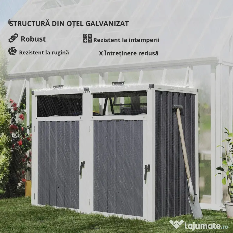 Outsunny Acoperitor pentru Tomberoane de Exterior cu 2 Compartimente, Capac Rabatabil 180°, din Oțel Galvanizat, pentru Grădină sau Patio, 146x81x122 cm, Gri Închis