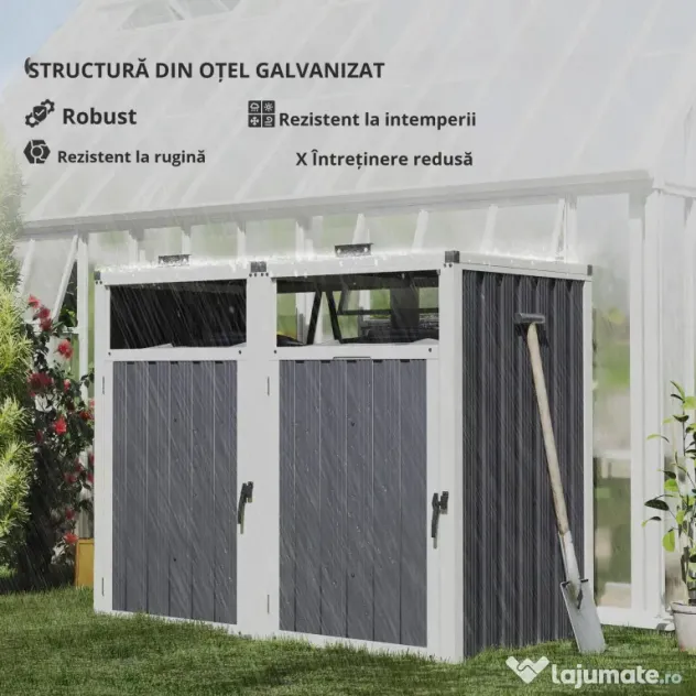 Outsunny Acoperitor pentru Tomberoane de Exterior cu 2 Compartimente, Capac Rabatabil 180°, din Oțel Galvanizat, pentru Grădină sau Patio, 146x81x122 cm, Gri Închis