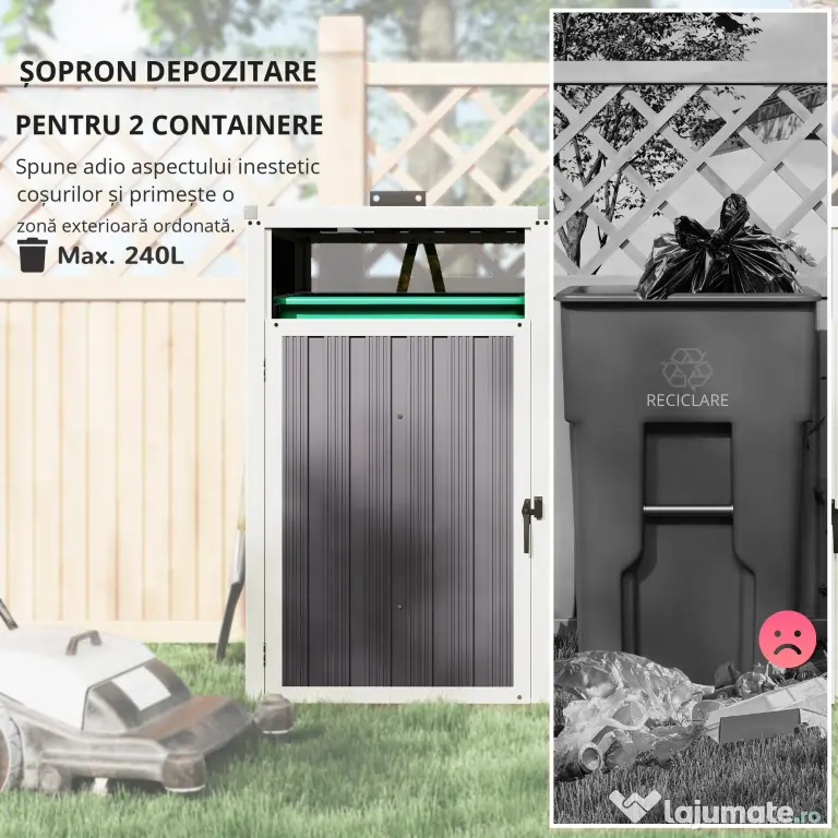 Outsunny Acoperitor pentru Tomberoane de Exterior cu 2 Compartimente, Capac Rabatabil 180°, din Oțel Galvanizat, pentru Grădină sau Patio, 146x81x122 cm, Gri Închis