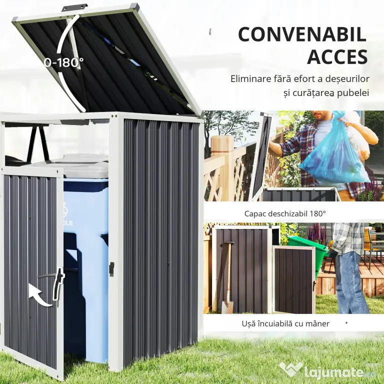 Outsunny Acoperitor pentru Tomberoane de Exterior cu 2 Compartimente, Capac Rabatabil 180°, din Oțel Galvanizat, pentru Grădină sau Patio, 146x81x122 cm, Gri Închis
