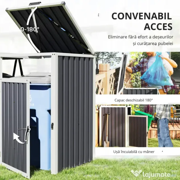 Outsunny Acoperitor pentru Tomberoane de Exterior cu 2 Compartimente, Capac Rabatabil 180°, din Oțel Galvanizat, pentru Grădină sau Patio, 146x81x122 cm, Gri Închis