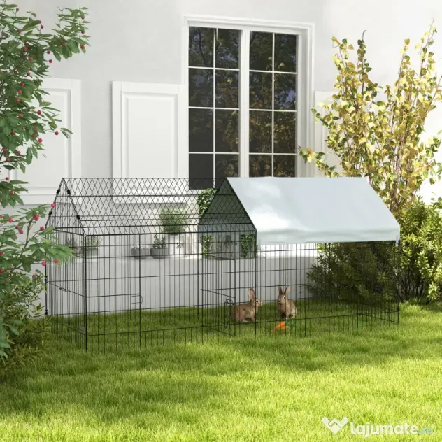 PawHut Cușcă pentru Iepuri de Exterior și Interior cu Acoperiș, 220x85x103cm, Argintiu