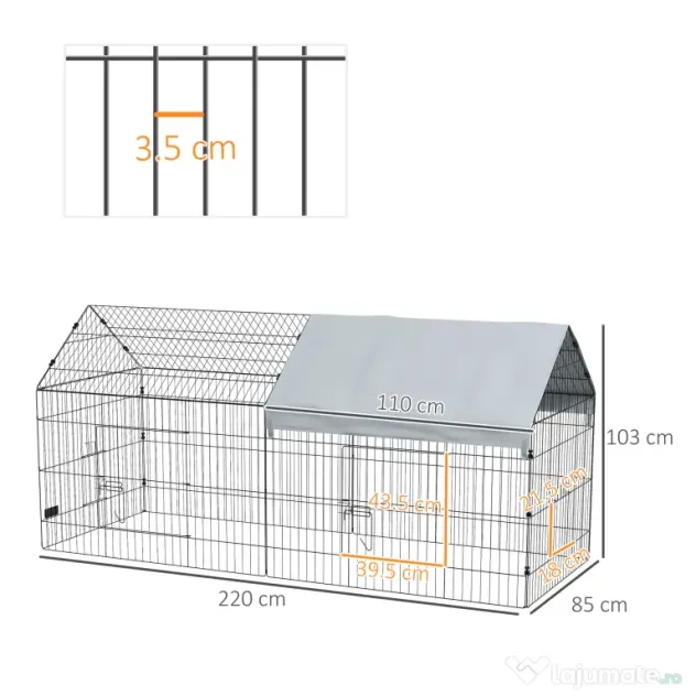 PawHut Cușcă pentru Iepuri de Exterior și Interior cu Acoperiș, 220x85x103cm, Argintiu
