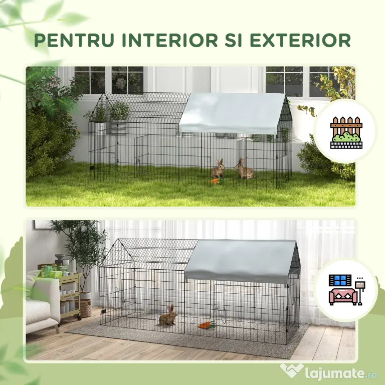 PawHut Cușcă pentru Iepuri de Exterior și Interior cu Acoperiș, 220x85x103cm, Argintiu