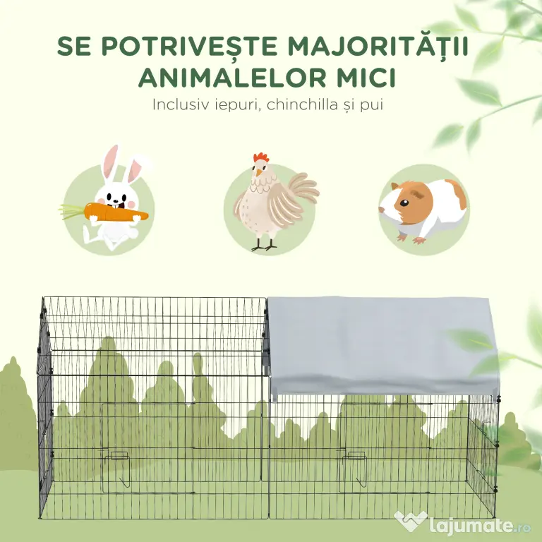 PawHut Cușcă pentru Iepuri de Exterior și Interior cu Acoperiș, 220x85x103cm, Argintiu