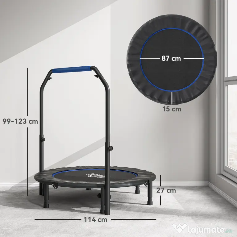 HOMCOM Trambulină Mini Fitness Pliabilă 45", cu Mâner Reglabil din Spumă, Albastru