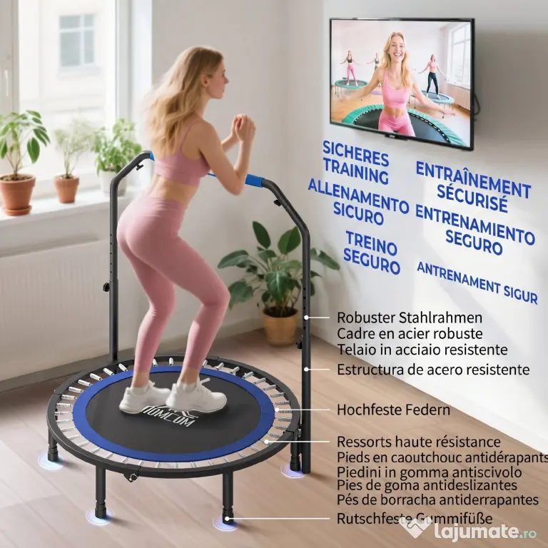 HOMCOM Trambulină Mini Fitness Pliabilă 45", cu Mâner Reglabil din Spumă, Albastru