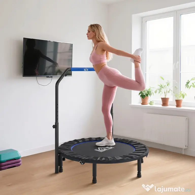 HOMCOM Trambulină Mini Fitness Pliabilă 45", cu Mâner Reglabil din Spumă, Albastru