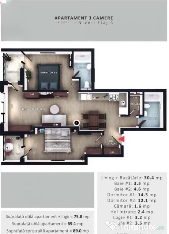Apartament 3 camere, 69,1 mp | Zona Vivo | Floresti |