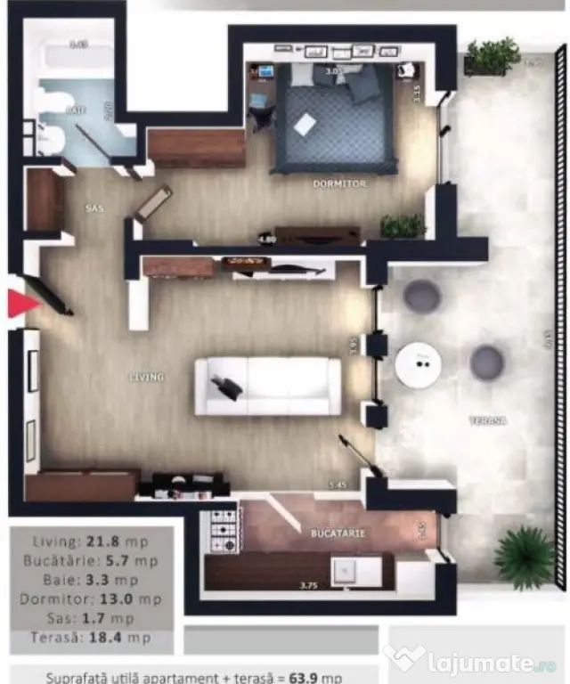 Apartament 2 camere, 45,5mp | Zona Vivo | Floresti |