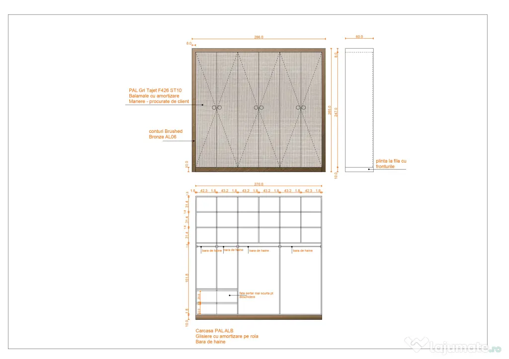 Dressing la comandă 286 Latime × 247 Inaltime × 60 cm Adancime, 6 uși, 4 sertare