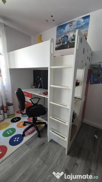 2 Paturi Supraetajate IKEA SMÅSTAD cu Birou Depozitare Saltele Incluse 90x200