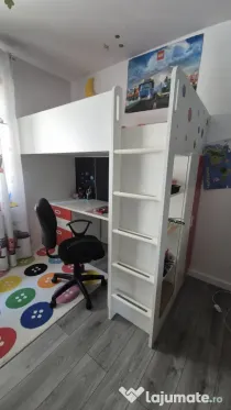 2 Paturi Supraetajate IKEA SMÅSTAD cu Birou Depozitare Saltele Incluse 90x200