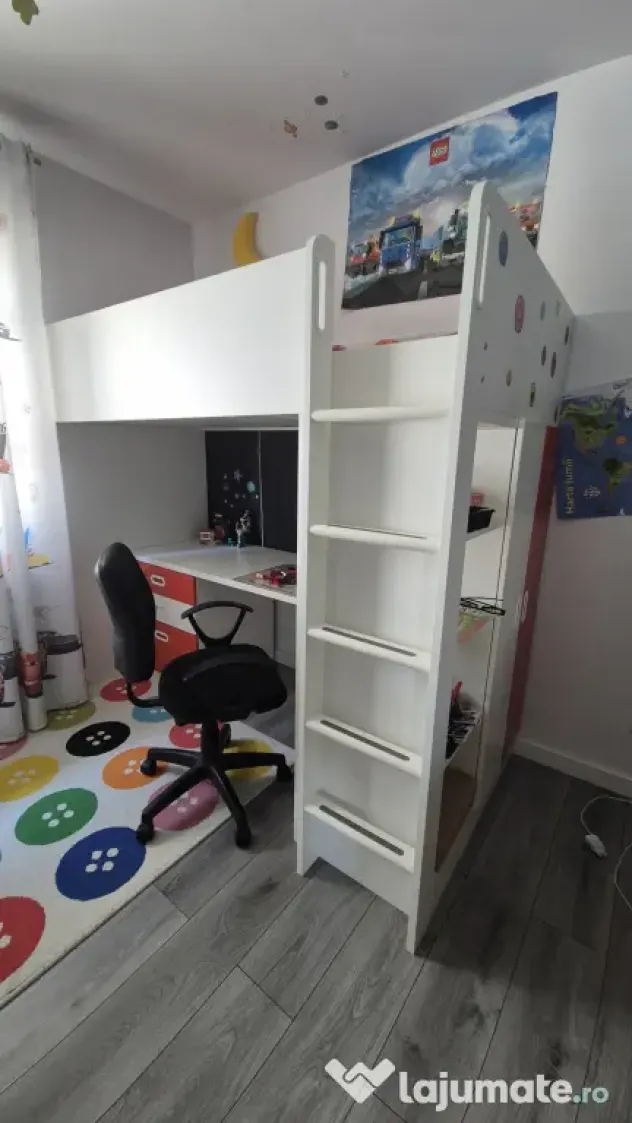 2 Paturi Supraetajate IKEA SMÅSTAD cu Birou Depozitare Saltele Incluse 90x200